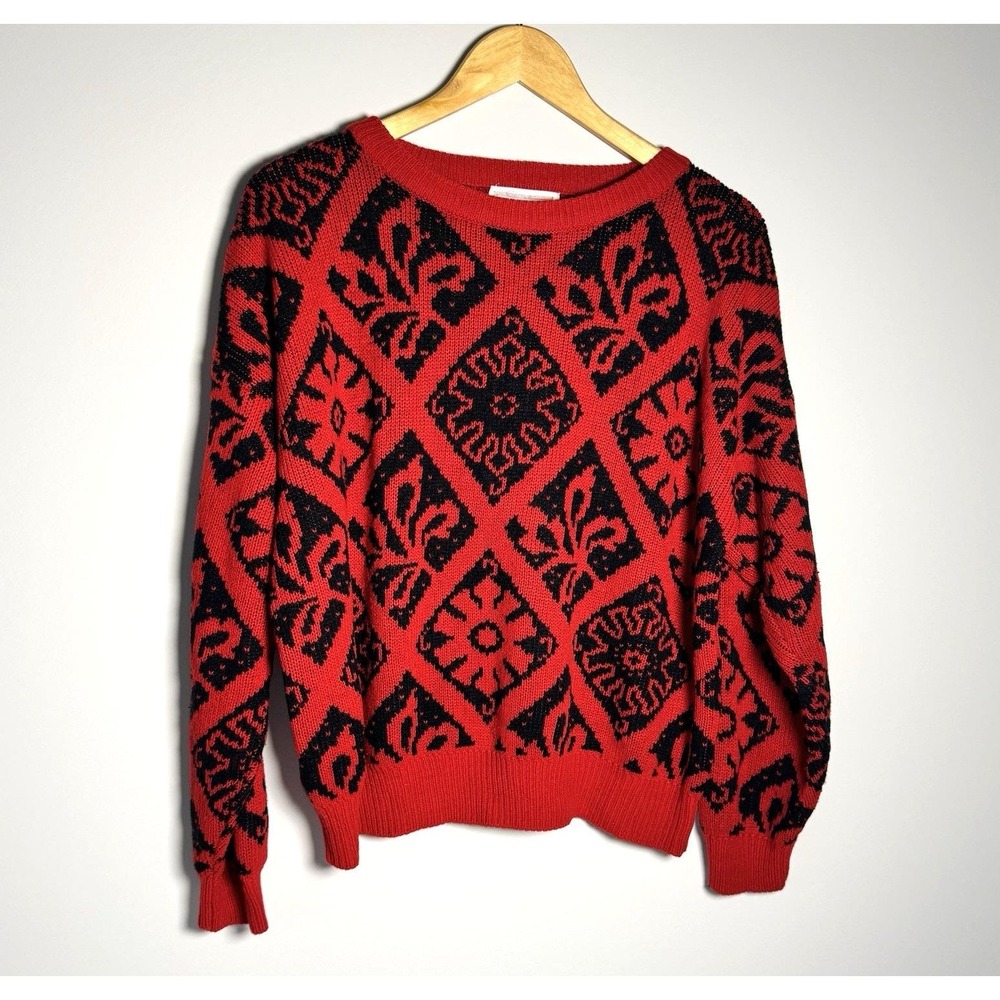 VTG Novelli Red Black Acrylic Knit Sweater L Geometric‎ Pattern 80s Style